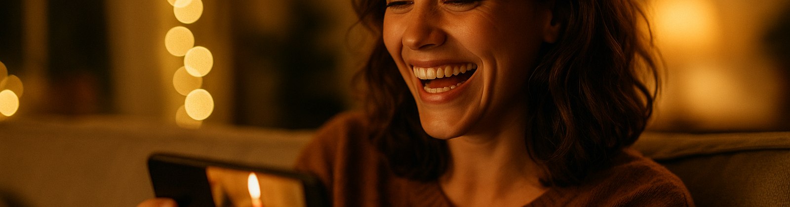 A happy person laughing while watching a Cast-made video card on their phone